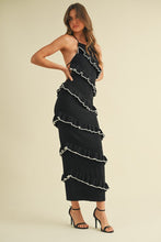 Load image into Gallery viewer, Klesis Sweater Knit Halter Midi Dress with Diagonal Frill Ruffles in Black/Off White