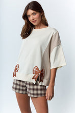 Load image into Gallery viewer, RARERAW Solid and Stripe Top with Embroidered Football Bow Patches in Ivory