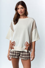 Load image into Gallery viewer, RARERAW Solid and Stripe Top with Embroidered Football Bow Patches in Ivory