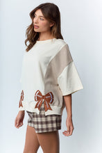 Load image into Gallery viewer, RARERAW Solid and Stripe Top with Embroidered Football Bow Patches in Ivory