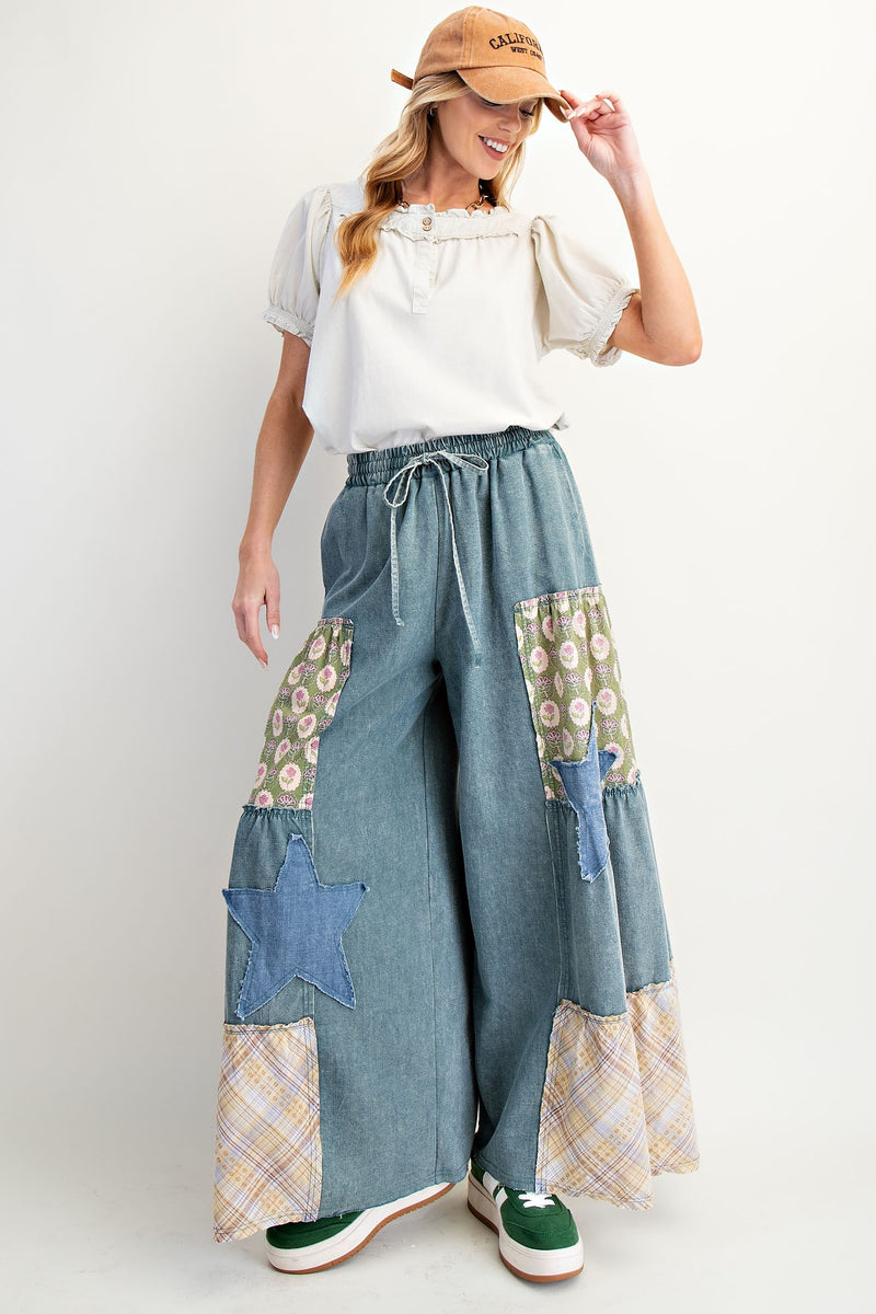 Pantalones Palazzo Online GURU-SHOP, Pantalones Palazzo Patchwork, Pantalones Hippie Chic Flare, Falda De Pantalón Boho, Azul, Algodón, Tamaño:40, Pantalones Largos Guru Shop Mujer