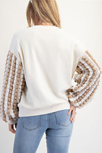 Load image into Gallery viewer, Easel Terry Knit Top with Striped Puff Sleeves and Front Bow Patch in Ivory