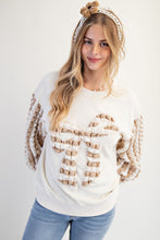 Load image into Gallery viewer, Easel Terry Knit Top with Striped Puff Sleeves and Front Bow Patch in Ivory