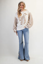 Load image into Gallery viewer, Easel Terry Knit Top with Striped Puff Sleeves and Front Bow Patch in Ivory