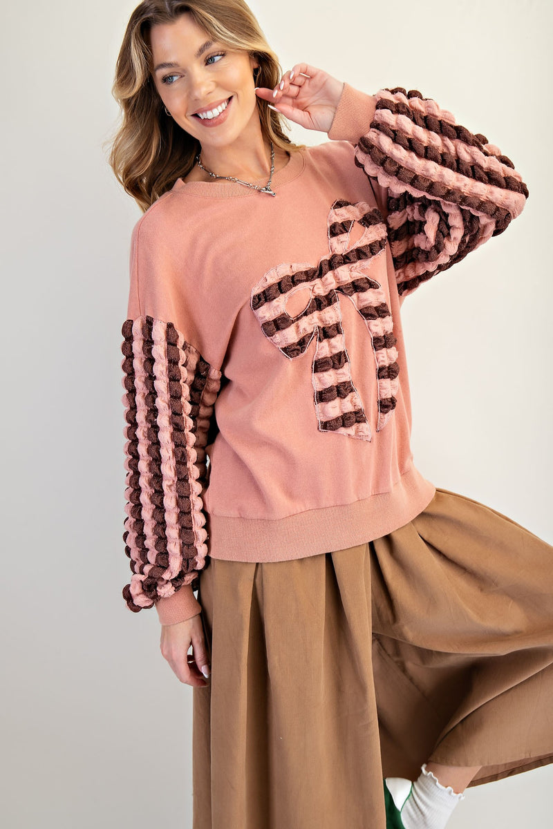 Easel Terry Knit Top with Striped Puff Sleeves and Front Bow Patch