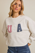 Load image into Gallery viewer, Gilli CROPPED Mix Print USA Patched Sweatshirt in Light Heather Grey