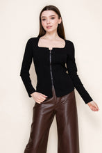 Load image into Gallery viewer, White Birch FITTED Ribbed Knit Front Zip Top in Black