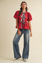 Load image into Gallery viewer, AnnieWear Solid Color Open Front Peplum Top with Contrasting Color Bow Tie Front in Crimson/Grey
