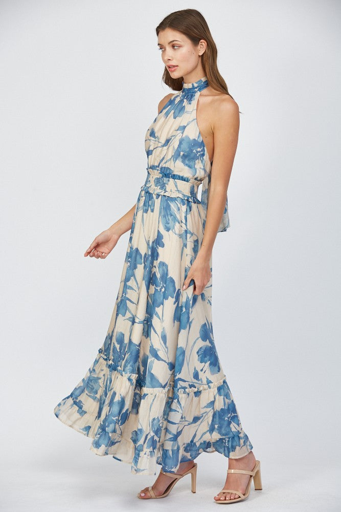 halter maxi floral dress FATE Bold Floral Print Halter Maxi Dress in Cream/Blue S
