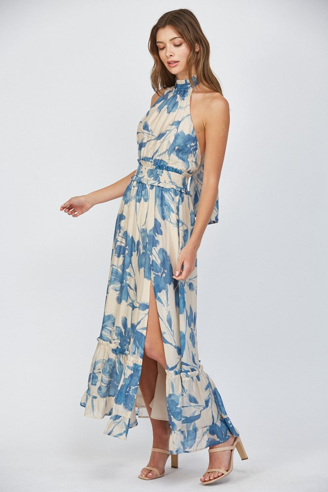 FATE Bold Floral Print Halter Maxi Dress in Cream/Blue S