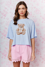 Load image into Gallery viewer, RARERAW Boxy CROP Top with Teddy Bear Graphic Print Front in Baby Blue