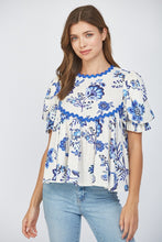 Load image into Gallery viewer, FATE Floral Print Top with Ric Rac Trim in Cream/ Blue