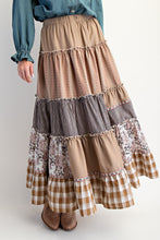 Load image into Gallery viewer, Easel Mixed Print Patchwork Maxi Skirt in Mocha