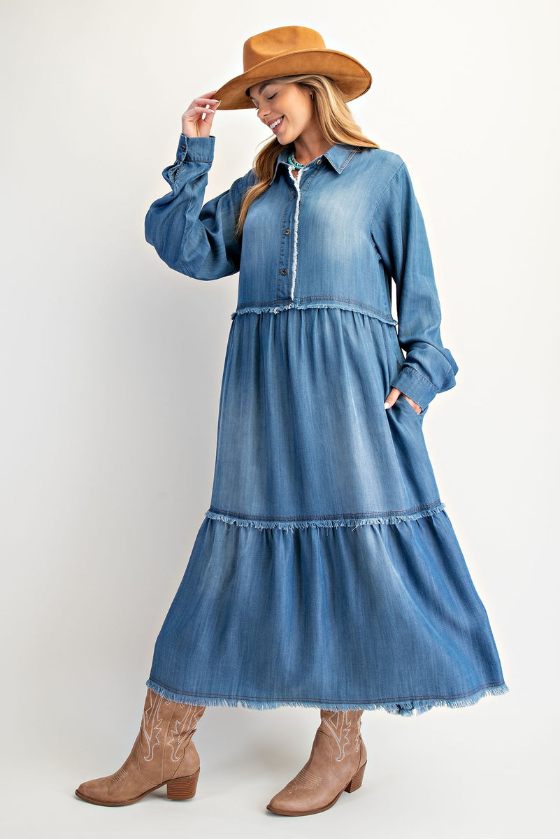 tiered denim maxi dress Easel OVERSIZED Tiered Maxi Dress in Dark Denim M