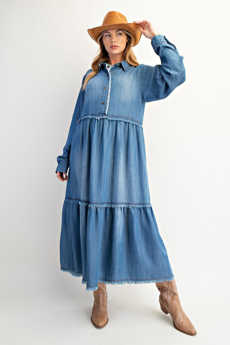 knee length dresses for ladies Suzanne Denim Drop Waist Maxi Dress main image 1
