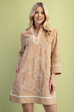 Load image into Gallery viewer, GiGio Solid Color Mini Dress with Contrasting Color Embroidery in Tan