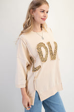 Load image into Gallery viewer, Easel Solid Color Terry Knit Top with Leopard Print LOVE Patched Front in Light Khaki