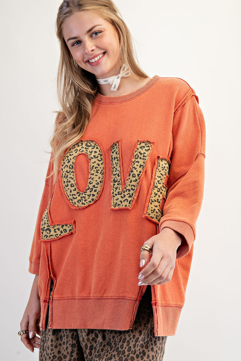 Easel Solid Color Terry Knit Top with Leopard Print LOVE Patched