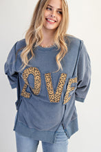 Load image into Gallery viewer, Easel Solid Color Terry Knit Top with Leopard Print LOVE Patched Front in Washed Denim