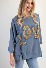 Load image into Gallery viewer, Easel Solid Color Terry Knit Top with Leopard Print LOVE Patched Front in Washed Denim