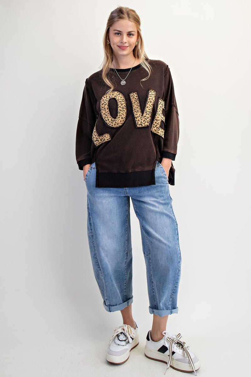 Easel Solid Color Terry Knit Top with Leopard Print LOVE Patched