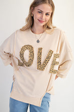Load image into Gallery viewer, Easel Solid Color Terry Knit Top with Leopard Print LOVE Patched Front in Light Khaki