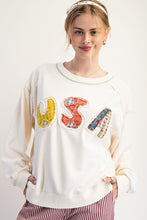 Load image into Gallery viewer, Easel Soft Washed Terry Knit Sweatshirt with Mixed Print USA Patched Front in Ivory