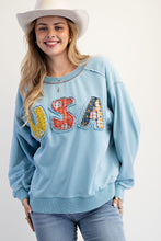 Load image into Gallery viewer, Easel Soft Washed Terry Knit Sweatshirt with Mixed Print USA Patched Front in Dusk Blue