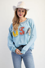 Load image into Gallery viewer, Easel Soft Washed Terry Knit Sweatshirt with Mixed Print USA Patched Front in Dusk Blue
