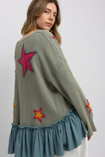 Load image into Gallery viewer, BlueVelvet OVERSIZED Star Patched Ruffle Hem Top in Sage Blue ON ORDER