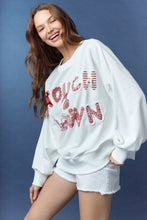 Load image into Gallery viewer, Peach Love Terry Knit Top with Mixed Print TOUCHDOWN Patched Front in White/Crimson