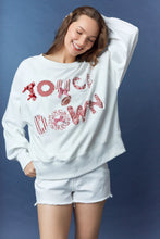 Load image into Gallery viewer, Peach Love Terry Knit Top with Mixed Print TOUCHDOWN Patched Front in White/Crimson