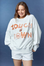 Load image into Gallery viewer, Peach Love Terry Knit Top with Mixed Print TOUCHDOWN Patched Front in Burnt Orange/White