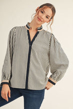 Load image into Gallery viewer, Jodifl Ruffle Neck Button Down Striped Top in Black