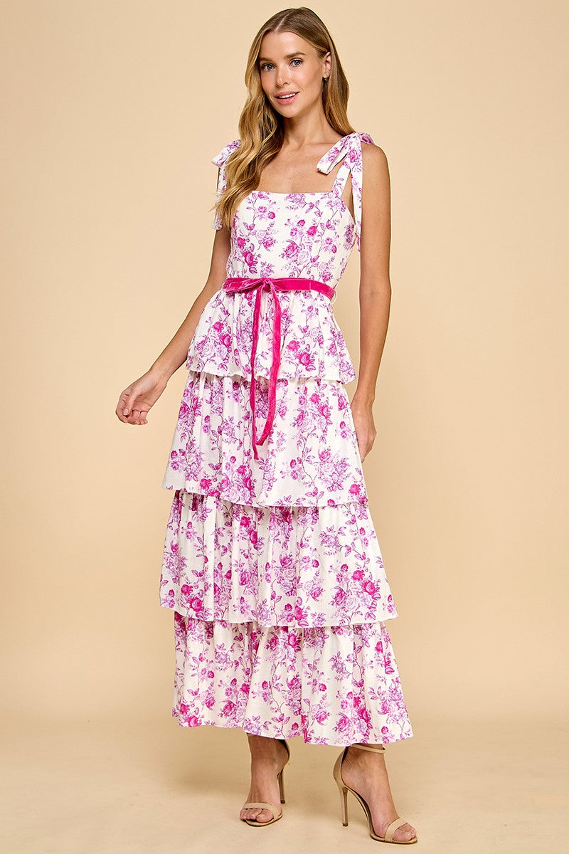 floral tiered midi dress TCEC Floral Print Tiered Midi Dress in Pink M