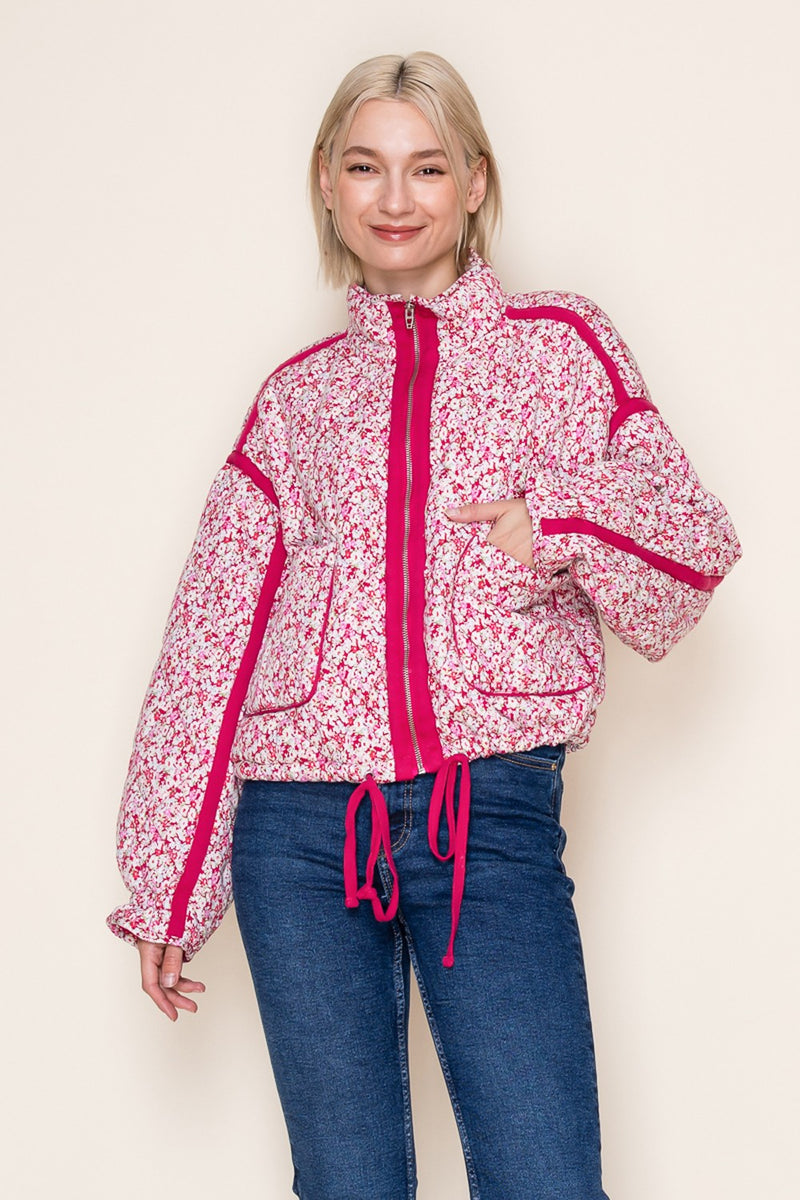 White Birch Floral Print Puffer Jacket in Fuchsia – June Adel