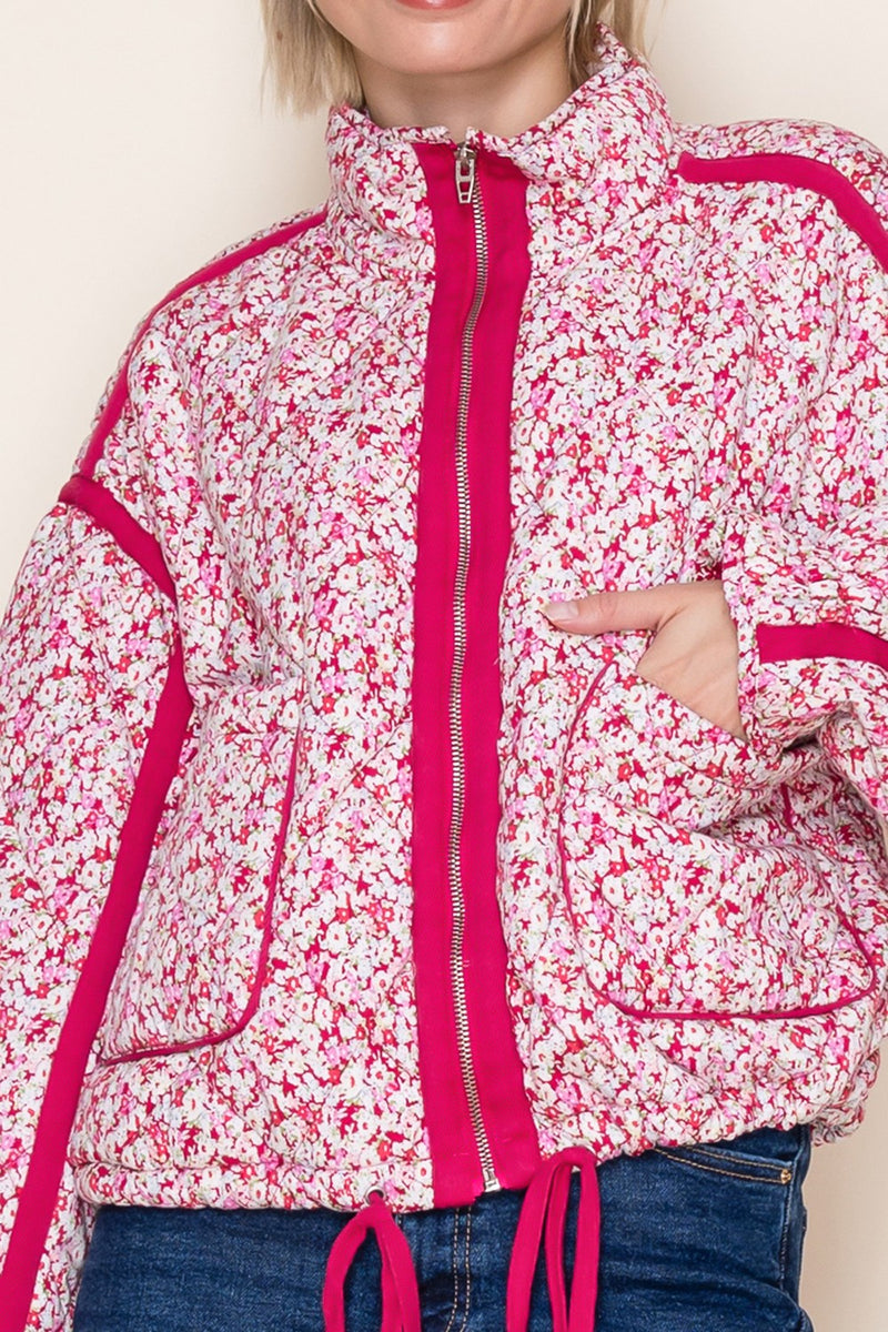 White Birch Floral Print Puffer Jacket in Fuchsia – June Adel