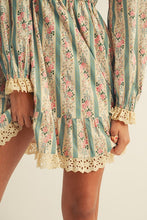 Load image into Gallery viewer, LovLov French Style Floral Print and Lace Mini Dress in Dusted Olive