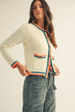 Load image into Gallery viewer, LovLov Knit Cardigan with Multi Colored Striped Trim in Ivory