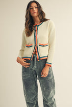 Load image into Gallery viewer, LovLov Knit Cardigan with Multi Colored Striped Trim in Ivory