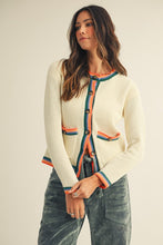 Load image into Gallery viewer, LovLov Knit Cardigan with Multi Colored Striped Trim in Ivory