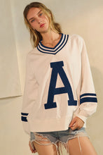 Load image into Gallery viewer, Oddi Knit Sweatshirt with Retro A Patched Front in White Blue Combo