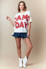 Load image into Gallery viewer, Fantastic Fawn Color Block OVERSIZED Top with GAME DAY Frayed Edge Patched Front in Red