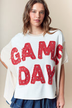 Load image into Gallery viewer, Fantastic Fawn Color Block OVERSIZED Top with GAME DAY Frayed Edge Patched Front in Red