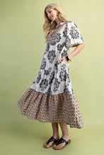 Load image into Gallery viewer, GiGio Mixed Print Tiered Midi Dress in Black Mix