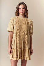 Load image into Gallery viewer, Fantastic Fawn Mineral Washed Terry Knit Mini Dress with Eyelet Lace Panel Front in Stone