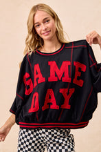 Load image into Gallery viewer, BiBi OVERSIZED French Terry Top with GAME DAY Letter Patchwork Front in Black/Red