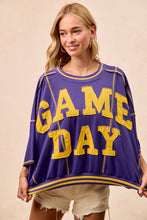 Load image into Gallery viewer, BiBi OVERSIZED French Terry Top with GAME DAY Letter Patchwork Front in Purple/Mustard