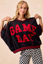 Load image into Gallery viewer, BiBi OVERSIZED French Terry Top with GAME DAY Letter Patchwork Front in Black/Red