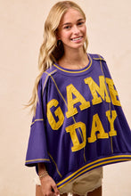 Load image into Gallery viewer, BiBi OVERSIZED French Terry Top with GAME DAY Letter Patchwork Front in Purple/Mustard